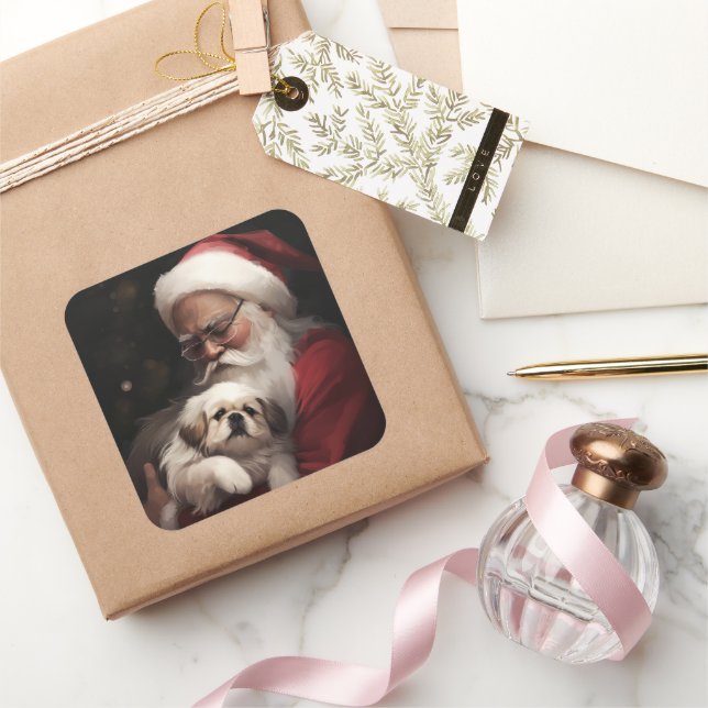 Pekingese mit dem Weihnachtsmann Weihnachten Quadratischer Aufkleber (Schenken)