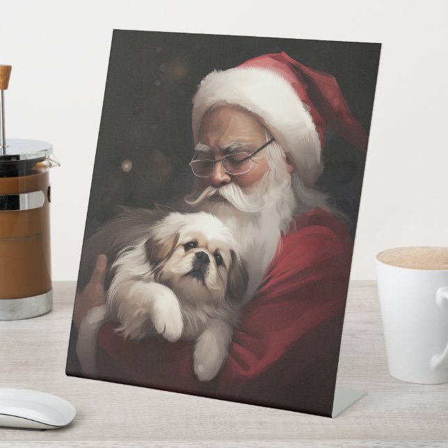 Pekingese mit dem Weihnachtsmann Weihnachten Sockelschild (In Situ)