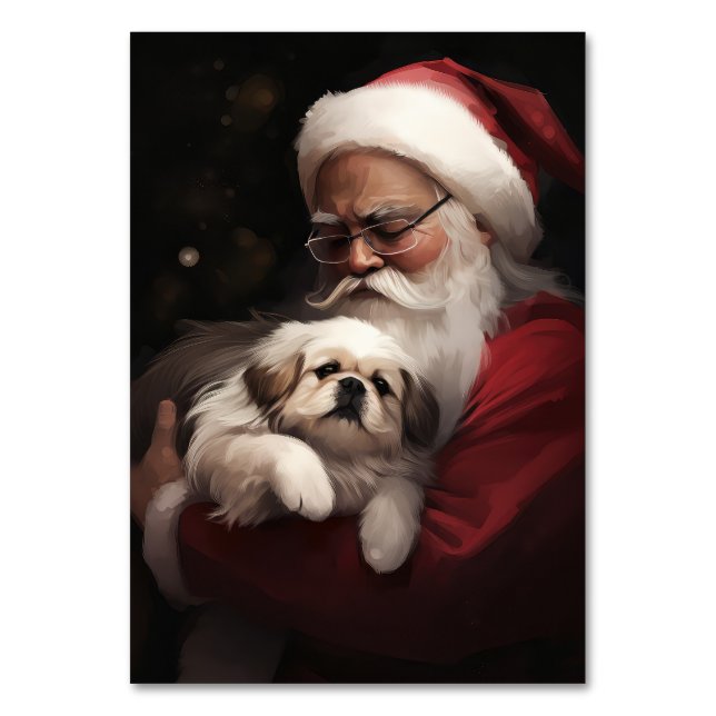 Pekingese mit dem Weihnachtsmann Weihnachten Tischnummer (Vorderseite)