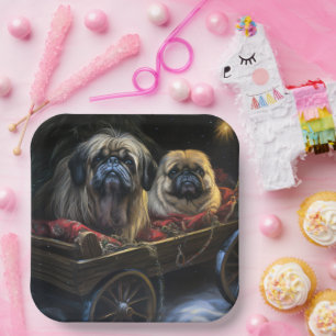 Pekingese Snowy Sleigh Weihnachtsdekor Pappteller