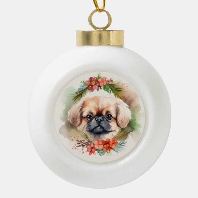 Pekingese Weihnachtsfeier Festliche Jungfrau Keramik Kugel-Ornament (Vorderseite)