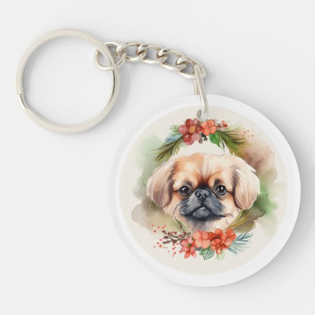 Pekingese Weihnachtsfeier Festliche Jungfrau Schlüsselanhänger (Vorderseite)