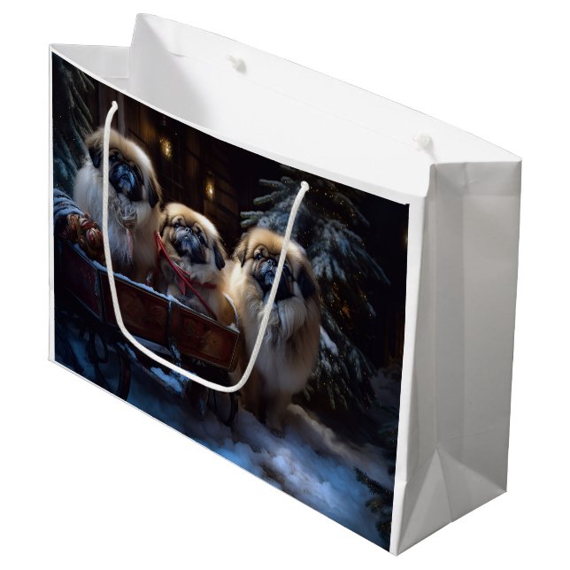 Pekingese Weihnachtsfeiertage Große Geschenktüte (Vorderseite Schrägansicht)