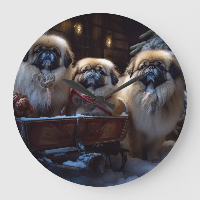 Pekingese Weihnachtsfeiertage Große Wanduhr (Vorderseite)