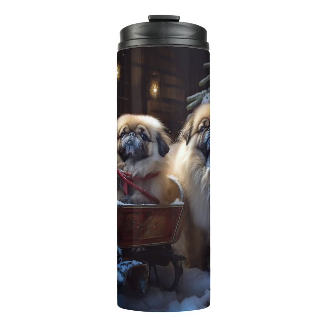 Pekingese Weihnachtsfeiertage Thermosbecher (Vorderseite)