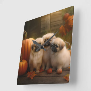 Pekingese-Welpe Herbstfreude Kürbis  Quadratische Wanduhr