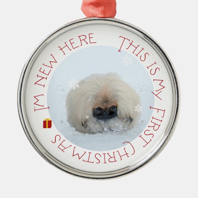 Pekingese Welppy First Christmas Silbernes Ornament (Vorne)