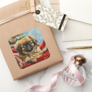 Pekingeser Hund Weihnachtsfestlich Quadratischer Aufkleber