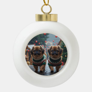 Pekingeser Hunde Weihnachten Schnee Urlaub Keramik Kugel-Ornament