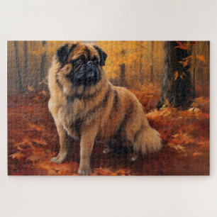 Pekingeser im Herbst Blätterfall inspiriert