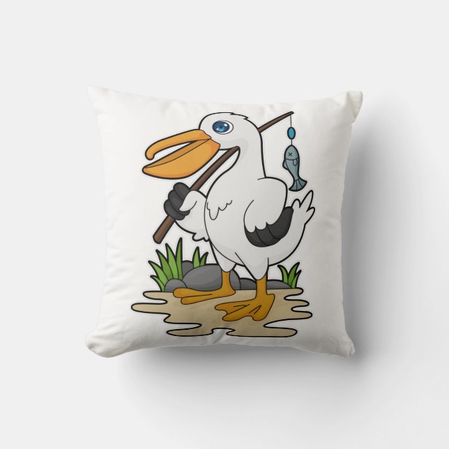 Pelican as Fisher mit Angelstab & Fisch Kissen (Vorderseite)