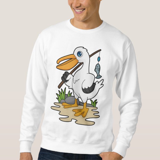 Pelican as Fisher mit Angelstab & Fisch Sweatshirt (Vorderseite)