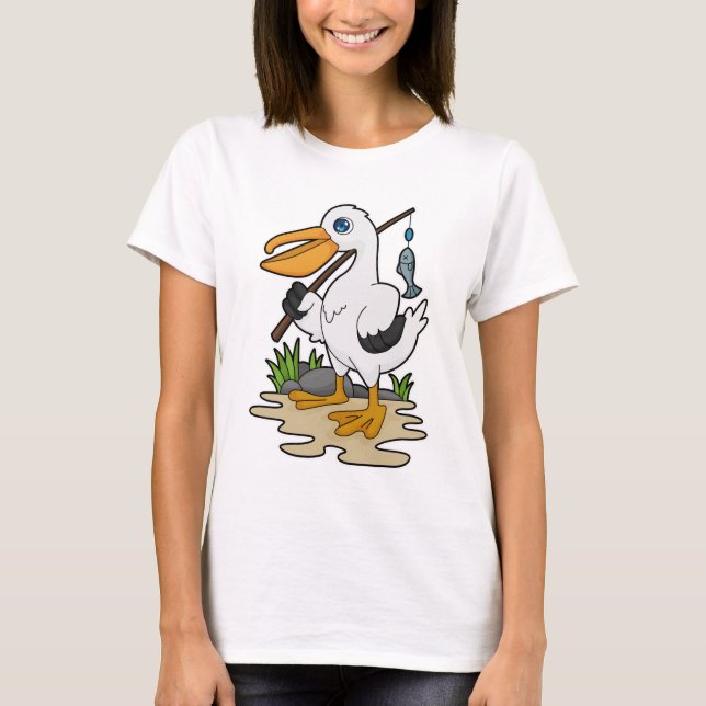 Pelican as Fisher mit Angelstab & Fisch T-Shirt (Vorderseite)