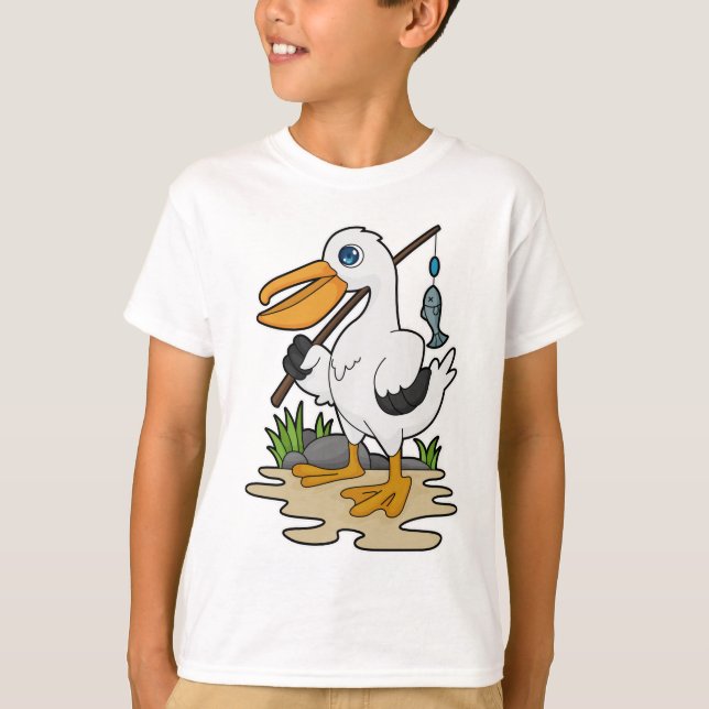 Pelican as Fisher mit Angelstab & Fisch T-Shirt (Vorderseite)