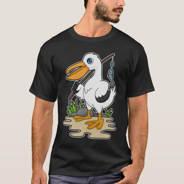 Pelican as Fisher mit Angelstab & Fisch T-Shirt (Vorderseite)