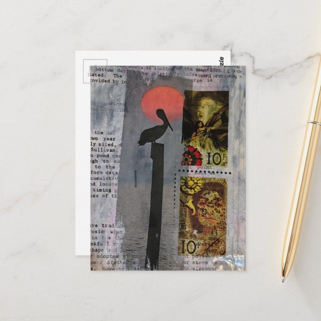 Pelican bird and two stamps mixed media collage postkarte (Vorderseite/Rückseite Beispiel)
