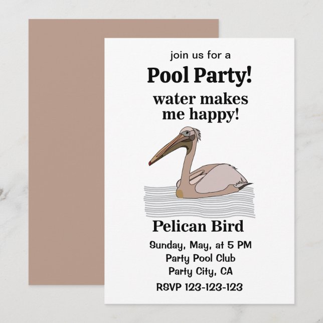 Pelican Bird Beach Pool Party Einladung (Vorne/Hinten)