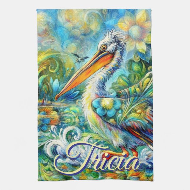 Pelican Bird in Wonderland Personalisiert Geschirrtuch (Vertikal)