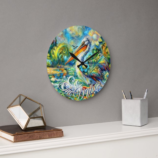 Pelican Bird in Wonderland Personalisiert Große Wanduhr (Büro)
