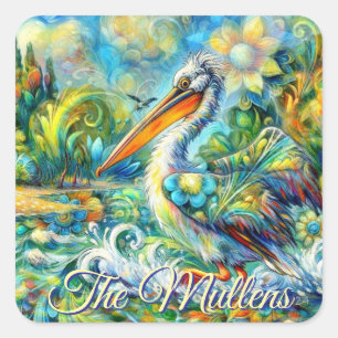 Pelican Bird in Wonderland Personalisiert Quadratischer Aufkleber