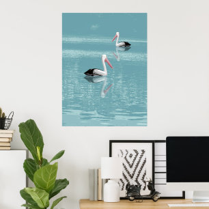 Pelican Couple Paddle auf Calm Aqua Water Poster