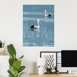 Pelican Couple Paddling auf Calm Blue Water Poster