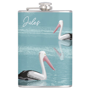 Pelican Couple Paddling Calm Aqua Name Flachmann