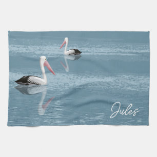 Pelican Couple Paddling Calm Blue Water Name Geschirrtuch