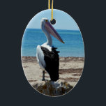 Pelican On Beach Rock, Keramikornament<br><div class="desc">Stehend auf einem Stein am Meer ist ein hungrig hübscher Pelikan,  der für tasy-Fische-Muscheln gewartet ist.</div>
