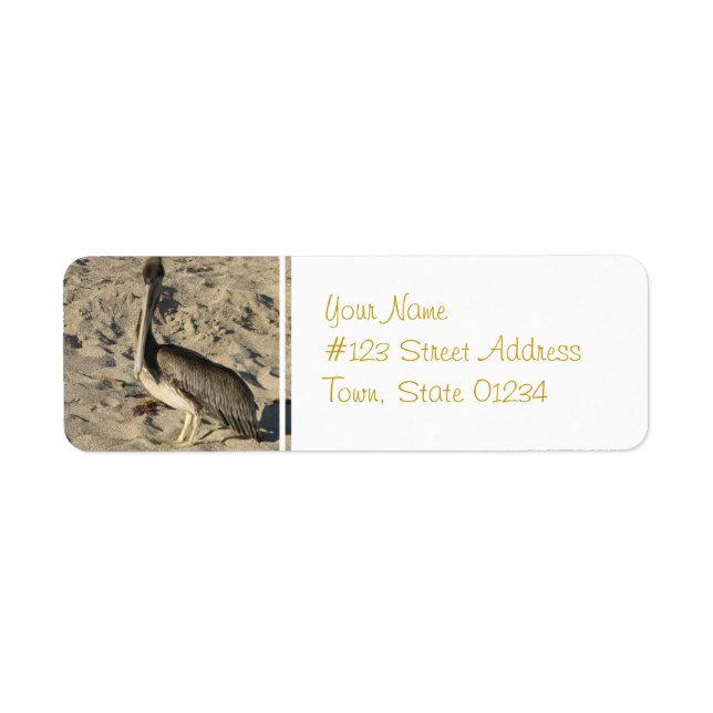 Pélican sur la plage Étiquettes (Devant)
