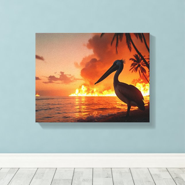 Pelican Watching Coastal Inferno Leinwanddruck (Insitu (Holzboden))
