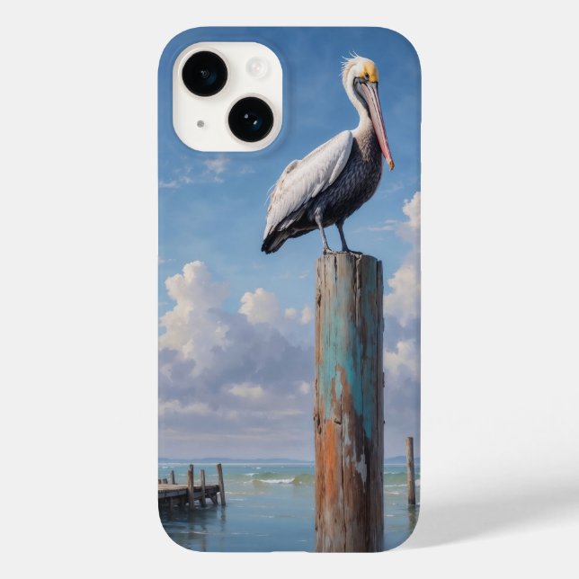 Pelikan an einem verwitterten Dockingpol Case-Mate iPhone 14 Hülle (Rückseite)