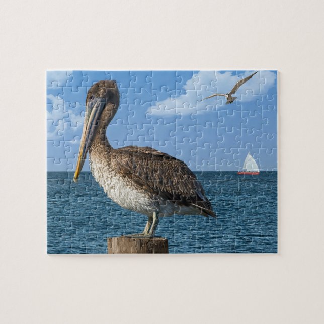 Pelikan auf einem Posten-Puzzlespiel (Horizontal)