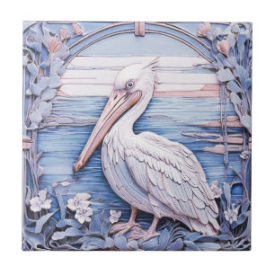 Pelikan Seevogel Art Nouveau Faux-Relief Links Bla Fliese