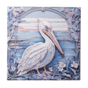 Pelikan-Vogel Art Nouveau Faux-Relief Ozeanblau Fliese