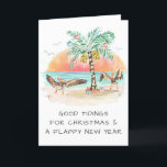 Pelikane und Palm Tree Beach Weihnachten<br><div class="desc">Die Weihnachtskarte am Ufer zeigt zwei pelikanische Seevögel, die sich vor Freude beim Besichtigen eines Weihnachtsbaumes der Palmen und Geschenke am Strand auf ihre Flügel klopfen. Gruß auf der Vorderseite sagt "Gute Dinge zu Weihnachten und ein flauschiges neues Jahr". Der Gruß auf der Innenseite sagt "Seas & Greetings". Alle Texte...</div>