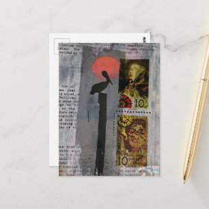 Pelikanvogel und zwei Briefmarken Mixed-Media-Coll Postkarte