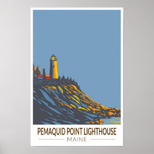 Pemaquid Point Lighthouse Maine Travel Art Vintag Poster