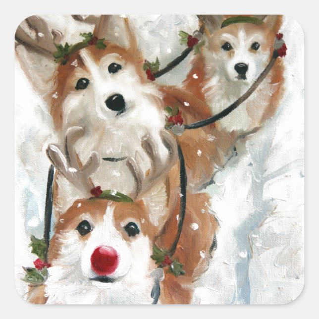 Pembroke welse Corgi Christmas Reindeer Quadratischer Aufkleber (Vorderseite)