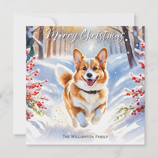 Pembroke Welsh Corgi Hund im Schnee Weihnachten (Vorderseite)