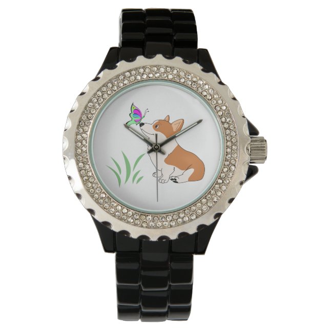 Pembroke Welsh Corgi mit Butterfly Armbanduhr (Vorderseite)
