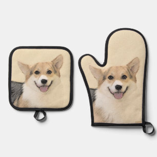Pembroke Welsh Corgi Painting Tri-Color Dog Art Ofenhandschuh & Topflappen-Set