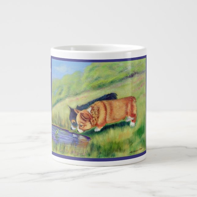 Pembroke Welsh Corgi Pups Treffen von Mr. Frog Jumbo-Tasse (Vorderseite)
