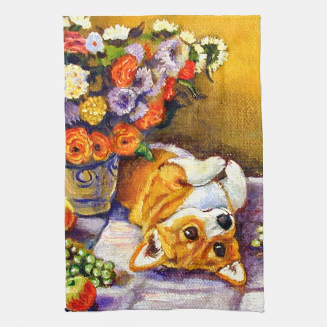 Pembroke Welsh Corgi Serviette de cuisine Floral (Vertical)