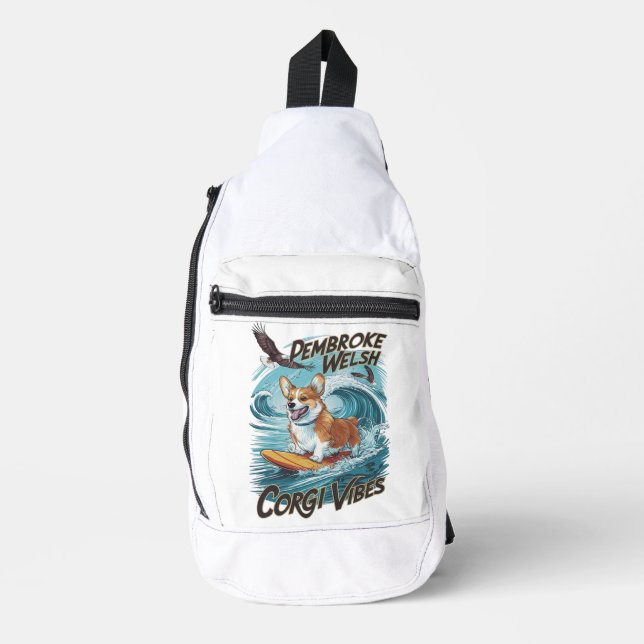 Pembroke Welsh Corgi Surfer Tackles Epic Wave Crossbody Bag (Vorderseite)