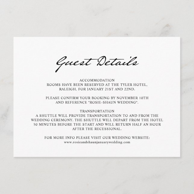 Pen Script Minimalistisch White Wedding Guest Deta Begleitkarte (Vorderseite)