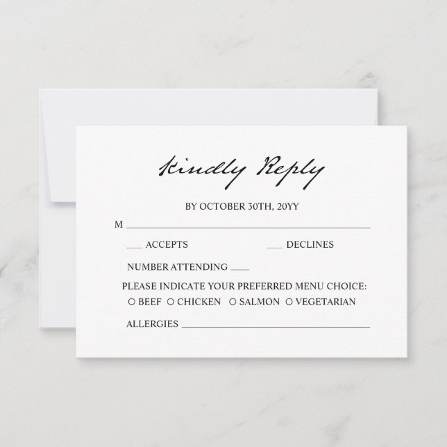 Pen Script Minimalistische Kalligrafie White Weddi RSVP Karte (Vorderseite)