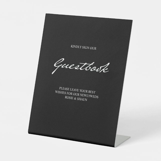 Pen Script Modern Minimal Guestbook Black Wedding Sockelschild (Vorderseite)