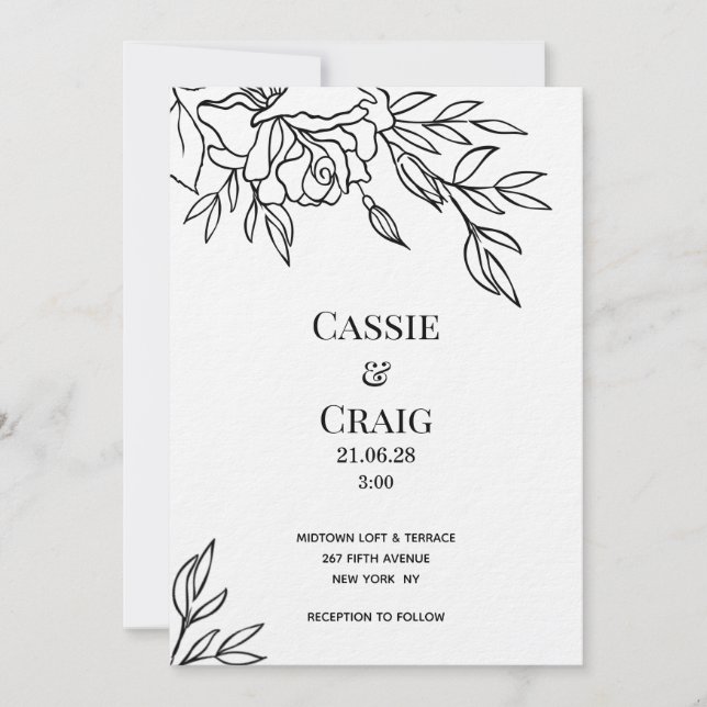 Pen & Tinte Rose Hochzeit Luxus Dickpapier Einladu Einladung (Vorderseite)