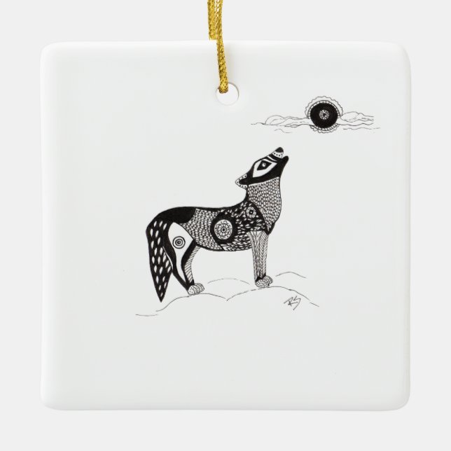 Pen- und Ink Howling Wolf-Ornament Keramikornament (Vorderseite)